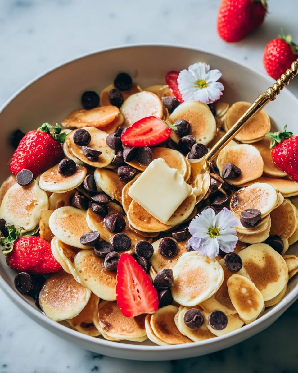 A bowl filled with many tiny round pancakes in light to golden brown colors, layered unevenly across the bowl. Small dark chocolate chips scatter over the pancakes, some sitting on top of them. Bright red strawberry halves with green tops are placed around, some near the center, and a small white flower adds a soft touch. There is a square piece of pale yellow butter sitting on the pancakes near a gold spoon with a twisted handle, partly lifting some pancakes. The bowl is white and sits on a white marbled surface. photo taken with an iphone --ar 4:5 --v 7