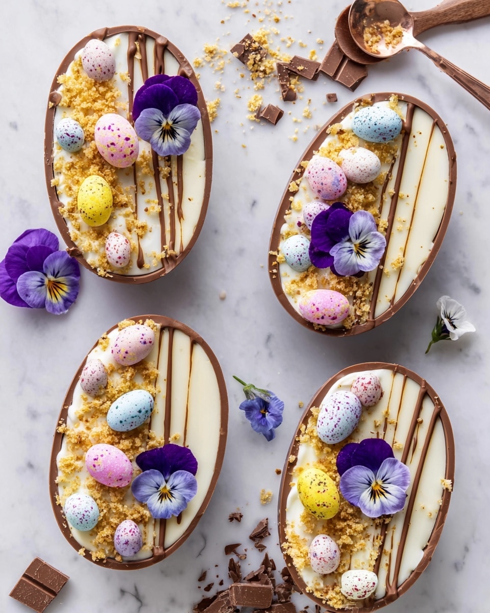 Four oval-shaped chocolate shells filled with white cream sit on a white marbled surface. Each shell is decorated with small speckled pastel eggs in pink, yellow, and white on one side, and crushed golden flakes sprinkled on the other. Thin stripes of milk chocolate drip down the edge of each shell. Bright purple pansy flowers and small blue flowers add color on top. Broken chocolate pieces are scattered around the shells, and a shiny rose gold spoon and a woman's hand holding a wooden spoon appear near the edges. photo taken with an iphone --ar 4:5 --v 7