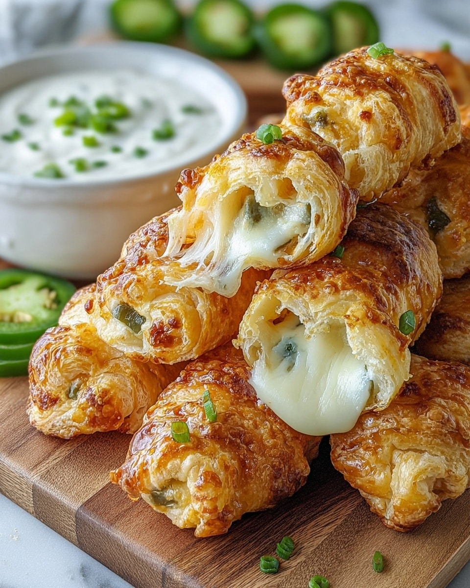The image shows golden brown pastry puffs with a crispy, flaky outer layer visible from the many air pockets and a slightly shiny surface. Inside each puff, white melted cheese is oozing out, mixed with pieces of green peppers, giving hints of creaminess and freshness. The pastry pieces are irregularly shaped and piled on a wooden board, with small bits of green onion scattered on top, adding a touch of color. In the background, there is a white bowl filled with white creamy dip dotted with green herbs, placed on a white marbled surface. Some sliced green jalapeno peppers add a contrasting vibrant green next to the bowl photo taken with an iphone --ar 4:5 --v 7