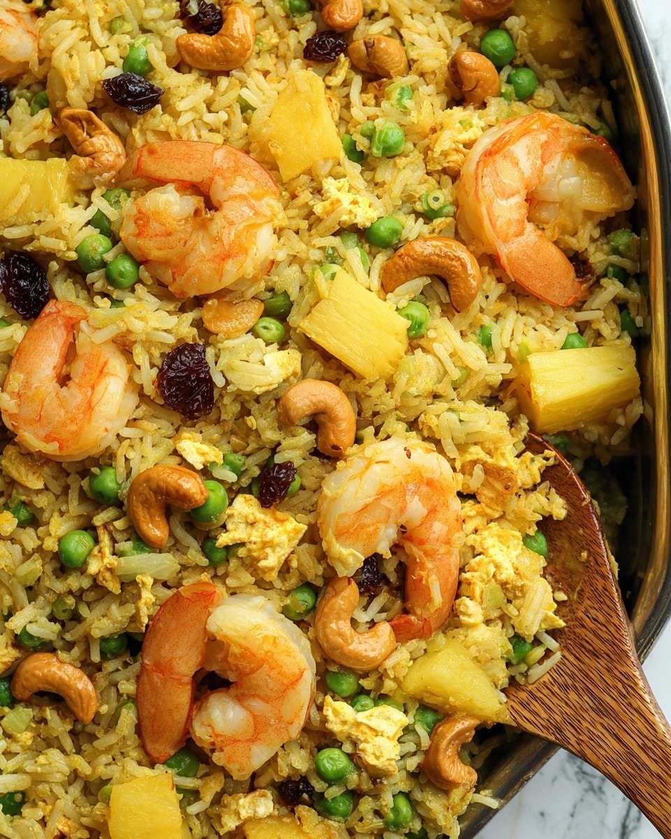 This image shows a close-up view of a cooked rice dish with several visible layers. The base layer is yellow cooked rice, mixed with green peas and small scrambled egg pieces scattered through it. On top of the rice, there are several orange-pink cooked shrimp with a firm texture. There are also chunks of light yellow pineapple and brown cashew nuts spread around, along with some dark small dried fruit pieces. A wooden spoon is partially visible on the right side, lifting some of the rice, all set against a white marbled background. photo taken with an iphone --ar 4:5 --v 7
