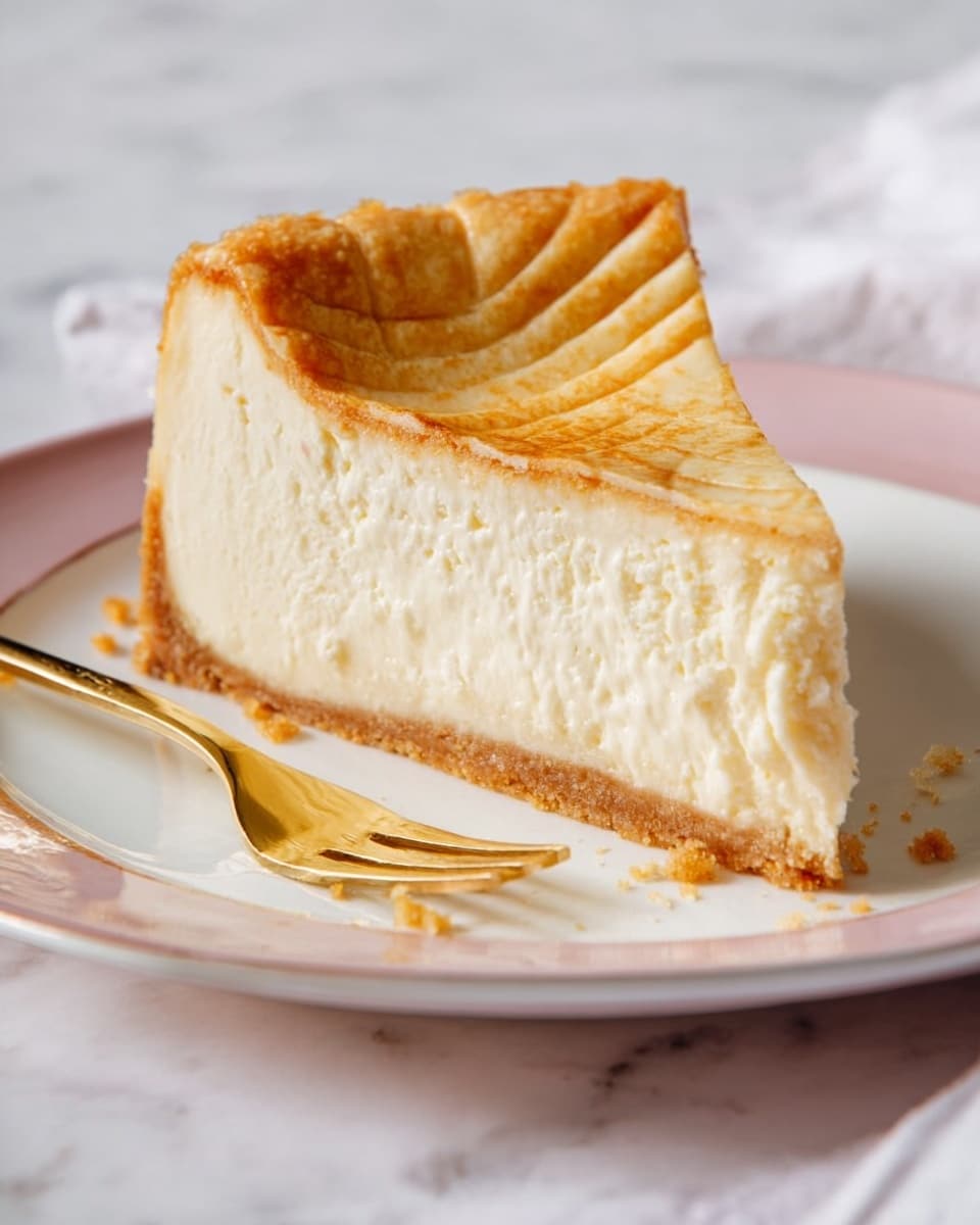 The image shows one thick slice of cheesecake on a white plate with a pink rim, placed on a white marbled surface. The cheesecake has a golden-brown top layer with smooth, curved line patterns and a crumbly edge. Under this top layer, there is a thick, creamy off-white middle layer that looks soft and dense. At the bottom, a thin light brown crust layer holds the cake. A gold fork lies on the plate beside the cheesecake, with crumbs scattered nearby. Photo taken with an iphone --ar 4:5 --v 7