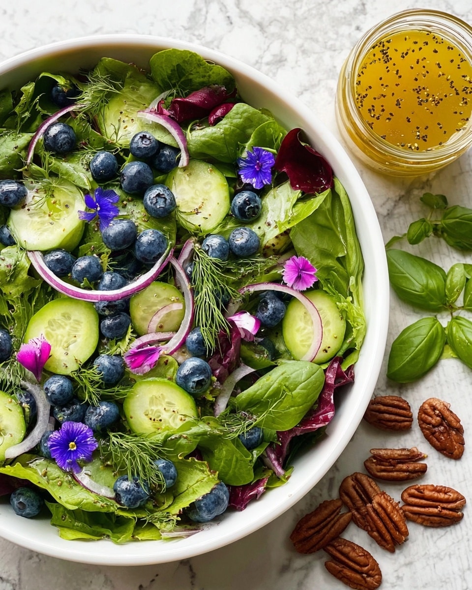 A fresh salad in a white bowl filled with mixed green leaves including spinach and herbs, scattered with dark blue blueberries, thinly sliced cucumber rounds with a light green center and darker green edge, and thin slices of red onion. There are bright red radicchio leaves and small purple edible flowers placed evenly on top. Delicate sprigs of dill and bright green basil leaves add texture and a pop of color. Next to the bowl on a white marbled surface, there is a small glass jar filled with golden yellow dressing with visible seeds, and a few glossy brown pecans lie beside it. photo taken with an iphone --ar 4:5 --v 7