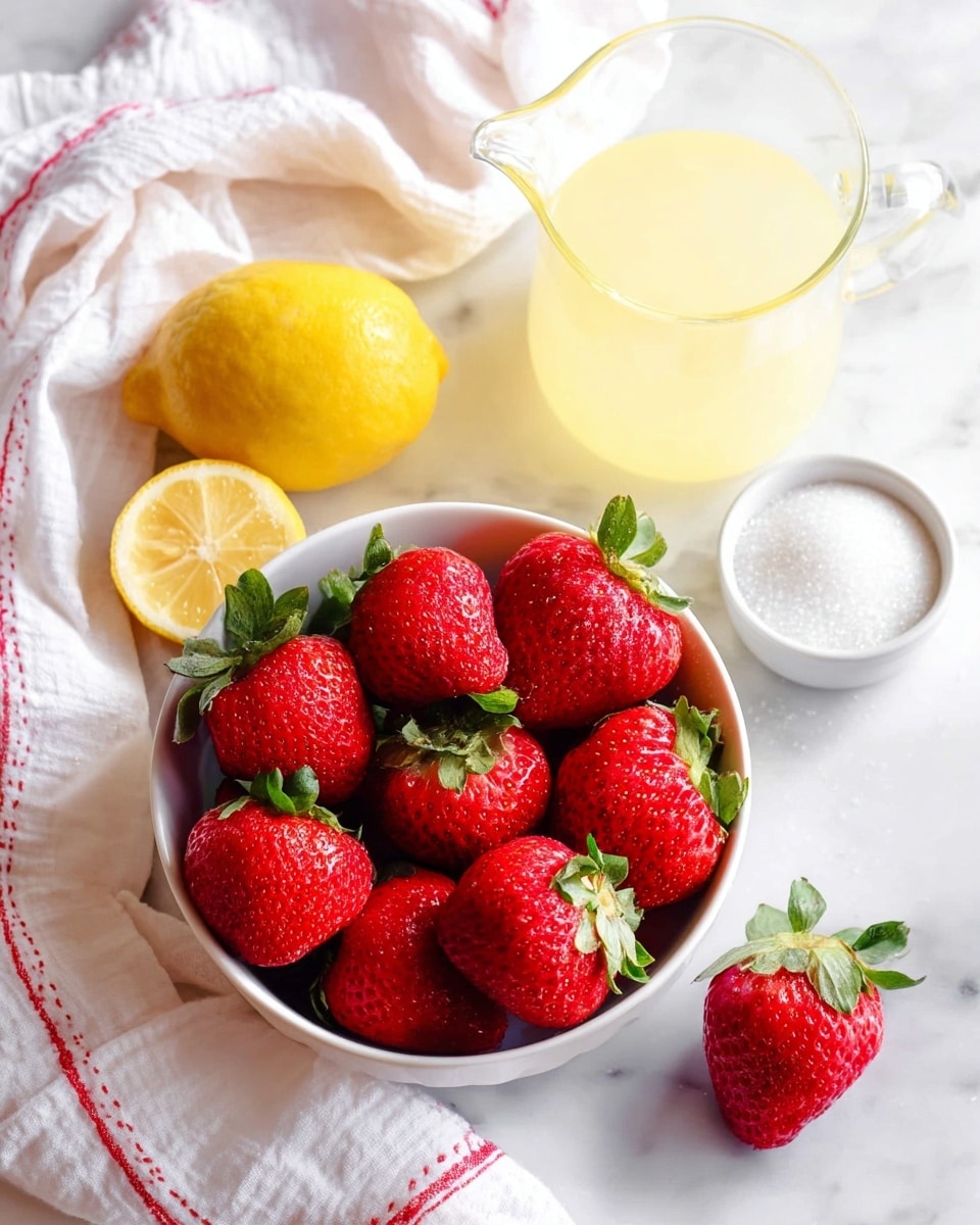 A white bowl filled with large, bright red strawberries with green leaves is placed in the lower center of the image. To the left of the bowl, there is a whole yellow lemon and a lemon half showing its juicy inside. Behind and slightly to the left of the bowl, there is a clear glass pitcher filled with pale yellow liquid. To the right of the pitcher, a white small container holds white granulated sugar. The items are arranged on a white marbled surface, and a white cloth with red stitching is draped partially across the top left corner. Photo taken with an iphone --ar 4:5 --v 7