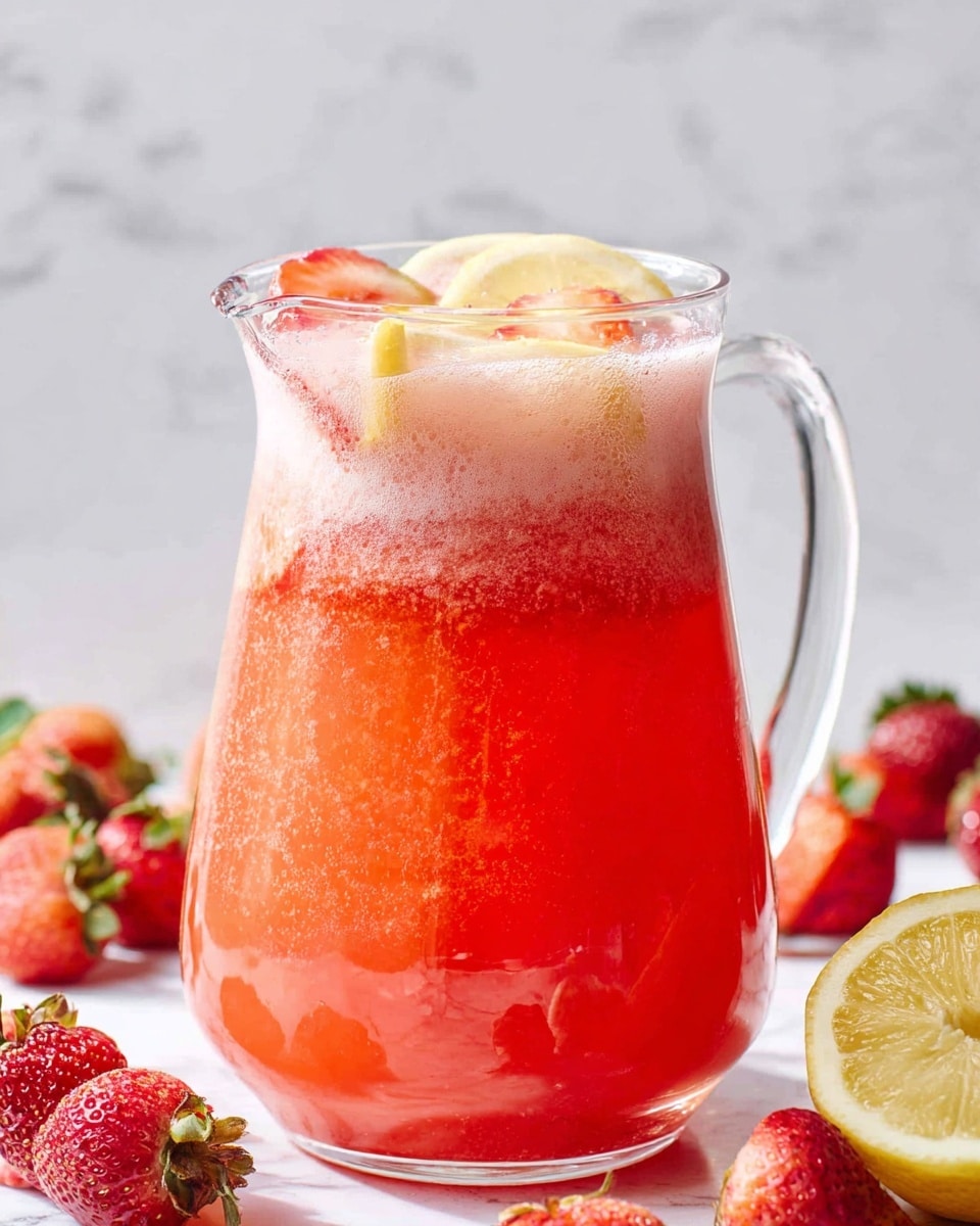 A clear glass pitcher filled with three layers of strawberry lemonade drink: the bottom layer is a smooth and bright red liquid, the middle layer has a more textured, slightly lighter pink color with visible small strawberry bits, and the top layer is a thin layer of pale pink foam with lemon and strawberry slices floating on it. The pitcher is standing on a white marbled surface, surrounded by fresh whole strawberries in the background and a sliced lemon on the right side. The lighting is bright, highlighting the freshness and vibrant colors of the drink and fruits. photo taken with an iphone --ar 4:5 --v 7