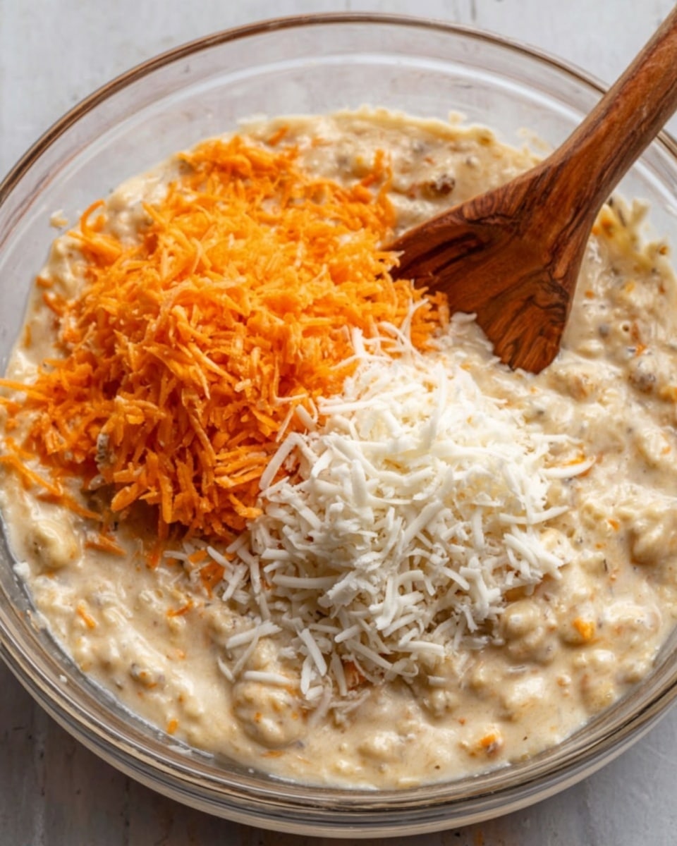 A clear glass bowl holds a thick, creamy mixture with small soft lumps, likely batter. On top, there are two piles of shredded ingredients, one bright orange and the other white, both finely shredded and sitting distinctly side by side. A wooden spoon rests inside the bowl, partially dipped into the batter, showing some mix of shredded pieces inside. The bowl is placed on a white marbled surface. photo taken with an iphone --ar 4:5 --v 7