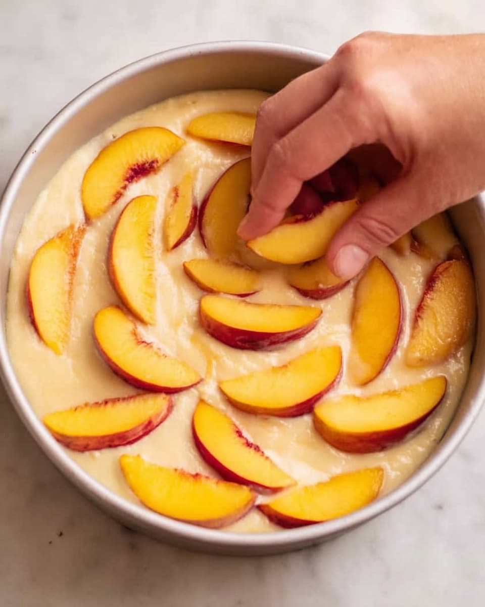 A woman’s hand places thin peach slices on top of a light beige creamy batter spread evenly inside a round white baking pan. The peaches are a rich yellow with orange and red skin edges, arranged in a loose circular pattern with some slices slightly overlapping or tilted. The smooth batter beneath shows soft, gentle peaks and texture variations. The pan sits on a white marbled surface. photo taken with an iphone --ar 4:5 --v 7