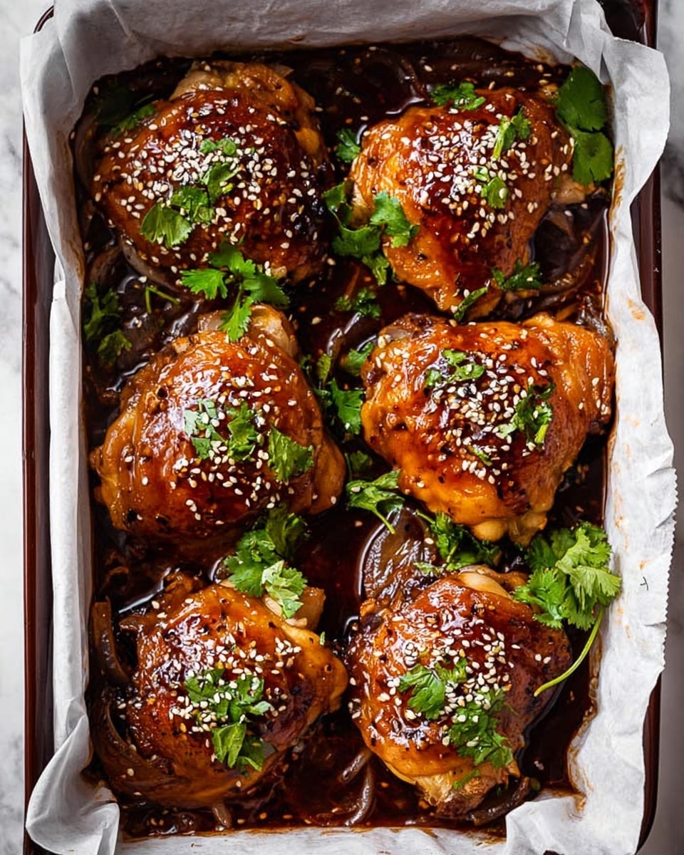 This image shows five golden-brown baked chicken thighs in a white parchment-lined baking pan, covered with a shiny, dark brown sauce. The chicken pieces have a slightly crispy texture and are topped evenly with white sesame seeds and fresh green cilantro leaves. Beneath and around the chicken, there are cooked onion slices soaking in the sauce, which has a rich, glossy appearance. The background surface is a white marbled texture. Photo taken with an iphone --ar 4:5 --v 7