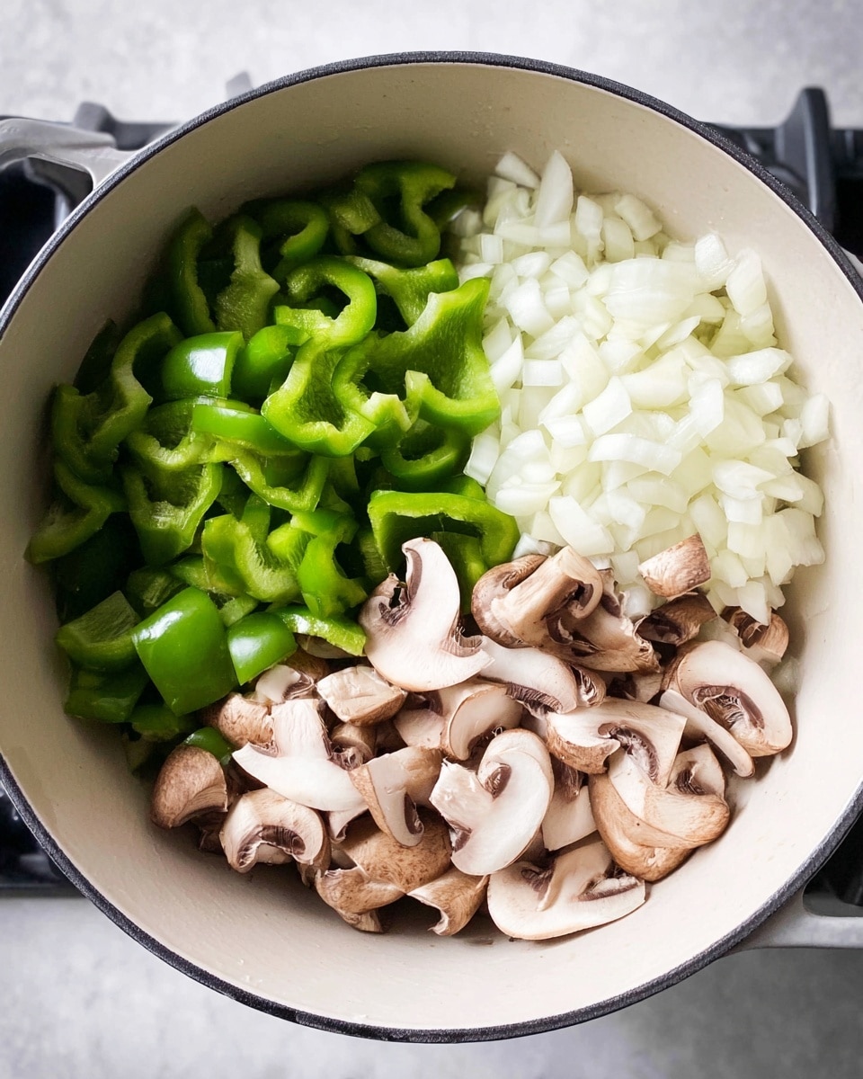 A white pot filled with three groups of diced vegetables arranged side by side: bright green bell peppers on the left, white onions on the right, and sliced light brown mushrooms with dark centers at the bottom. The vegetables show fresh, raw textures with small, even pieces for the peppers and onions, and thin, curved slices for the mushrooms. The pot sits on a stove with a smooth white marbled surface visible around it. photo taken with an iphone --ar 4:5 --v 7