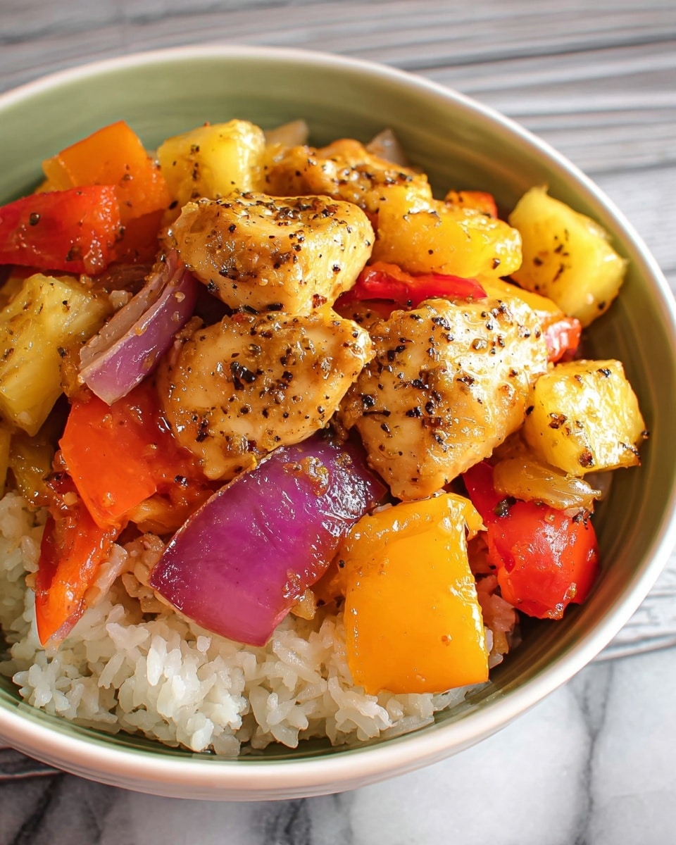 A white bowl filled with a base layer of white rice, topped with several pieces of cooked chicken that have a golden brown color with black pepper specks. Around and on top of the chicken, there are large chunks of colorful vegetables including bright orange and red bell peppers, purple onion pieces, and yellow pineapple chunks. The ingredients look moist with a shiny sauce coating them, placed on a white marbled surface. photo taken with an iphone --ar 4:5 --v 7