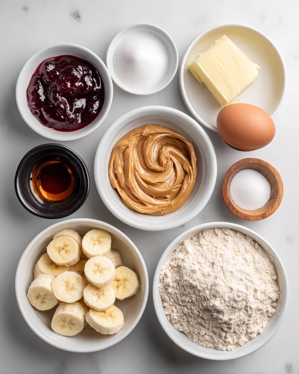 A top view of nine white bowls and one small wood bowl placed neatly on a white marbled surface. The largest bowl on the lower right holds light beige flour with a smooth texture. To its left, a bowl contains dark red jelly with a shiny, glossy surface. Next to that is a white bowl with a single brown egg, smooth and round. Above the egg bowl, a small white bowl holds fine white salt. On top center, a medium white bowl is filled with creamy brown peanut butter with swirls on its surface. To its left, a white bowl holds sliced banana rounds, pale yellow with soft texture, stacked to fill the bowl. Below it, a black bowl filled with granulated white sugar. Above the egg bowl, a tiny wood bowl contains small amounts of white salt and brown powder. Next to the salt bowl on the right, a fluted white bowl holds a block of pale yellow butter resting on white sugar crystals. In the middle top section, a small white bowl has dark amber liquid, smooth and glossy. photo taken with an iphone --ar 4:5 --v 7