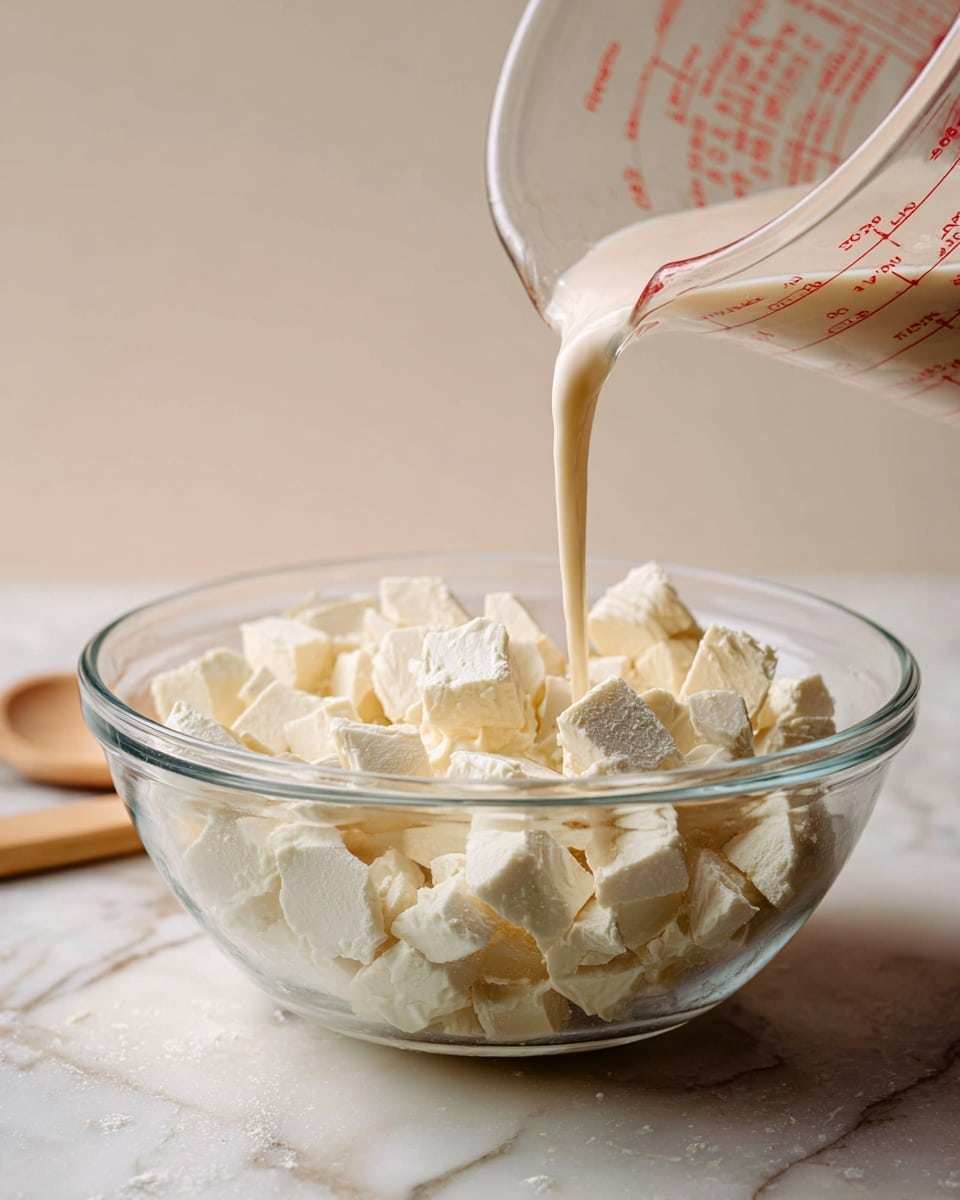 A clear glass bowl sits on a white marbled surface filled with many small, uneven pieces of white solid chunks. Above the bowl, a clear measuring cup pours a smooth, pale liquid into the bowl, capturing the flow clearly in mid-pour. A blurred wooden spatula is seen in the background on the marbled surface. photo taken with an iphone --ar 4:5 --v 7