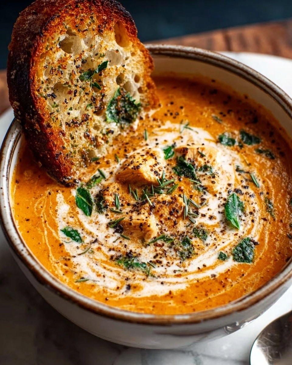 A deep white bowl filled with creamy orange soup with visible small pieces of tender chicken and green leafy herbs mixed throughout. On top, there are swirls of white cream and a sprinkle of black pepper and herbs, adding texture and contrast. A piece of toasted bread with a golden crust, sprinkled with herbs and black pepper, leans against the edge of the bowl. The bowl sits on a white marbled surface with a metal spoon placed nearby. photo taken with an iphone --ar 4:5 --v 7
