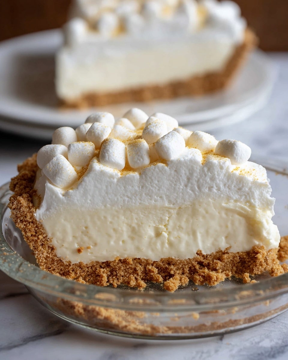 The image shows a close-up of a pie slice in a clear glass pie dish. The pie has three visible layers: the bottom crumbly light brown crust, the thick middle layer of smooth, creamy white filling, and the top layer of whipped cream topped with small white mini marshmallows and a light dusting of a golden powder. The pie slice is placed on a white marbled surface, and a blurred slice of the same pie sits on a white plate in the background. Photo taken with an iphone --ar 4:5 --v 7