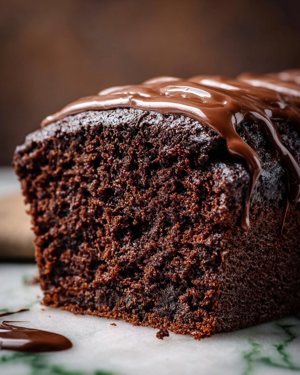 This image shows a single thick, rectangular dark brown brownie with a rough, crumbly texture on top. It sits on a tan surface with some glossy milk chocolate sauce drizzled over it in thick, uneven ribbons running horizontally across the brownie. There are a few small pools of melted chocolate around the edges, with two dark chocolate pieces partially visible near the top right corner. The overall look is rich and fudgy with the shiny melted chocolate adding a smooth contrast. Photo taken with an iphone --ar 4:5 --v 7