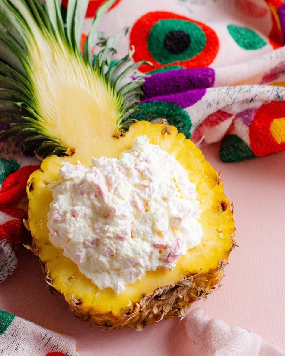 A hollowed half pineapple lies on a white marbled surface, filled with a thick white cream mixed with small pieces of red strawberries, showing a soft and fluffy texture. The bright yellow and green outer skin of the pineapple contrasts with the white cream inside. In the background, there are fresh whole strawberries and a wooden bowl filled with more white cream, slightly blurred to emphasize the pineapple in the front. The whole scene has a soft pink surface beneath the white marble, adding gentle color to the composition. photo taken with an iphone --ar 4:5 --v 7