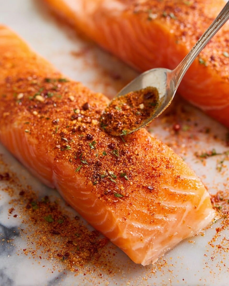 Two raw salmon fillets are placed side by side on a white marbled surface. Each fillet has a smooth, bright orange-pink flesh with faint white lines running through it. A metal spoon is positioned just above the fillet on the right, sprinkling a layer of reddish-brown seasoning mixed with herbs evenly across the top. The seasoning layer looks coarse with small bits of green herbs visible, adding texture and contrast. The fillets have a slight shine from morning moisture, making their texture look fresh and soft. Photo taken with an iphone --ar 4:5 --v 7