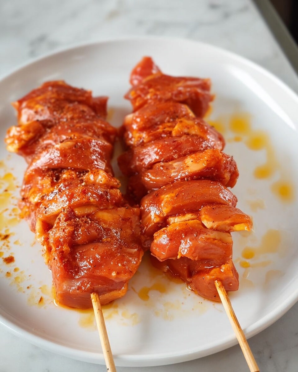 Two wooden skewers hold several folded pieces of raw reddish-orange marinated chicken stacked tightly in layers, each piece showing a shiny, wet texture from the marinade. The skewers rest on a white round plate, with some orange oil drops around the skewers on the plate's smooth surface. The background is a white marbled texture. photo taken with an iphone --ar 4:5 --v 7
