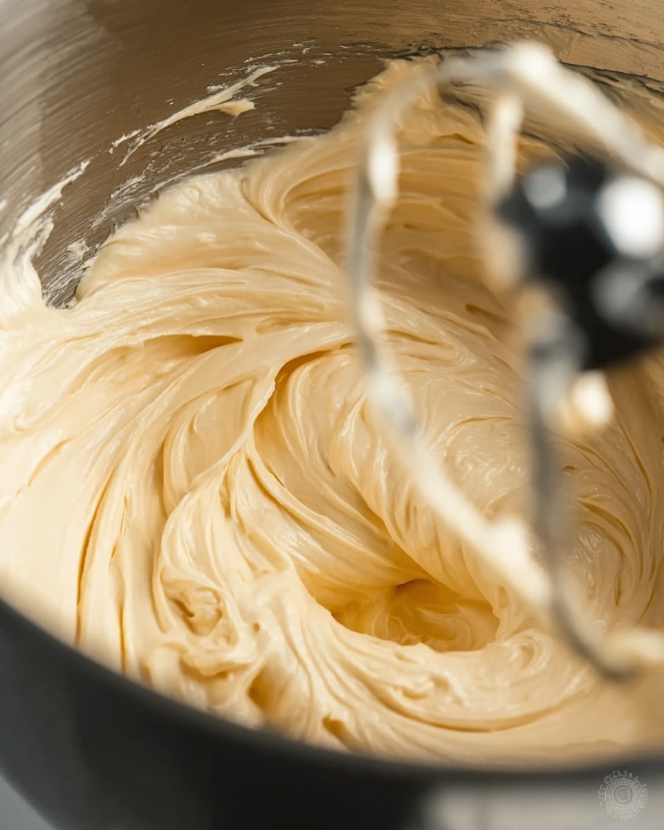 The image shows a close-up of a thick, creamy, pale yellow mixture being whipped inside a shiny metal bowl. The smooth mixture curls and folds with soft peaks as it moves around the beater blades, which are partially visible in the frame. The inside of the bowl has some streaks of the mixture clinging to its shiny metal surface, giving a sense of motion. The overall texture looks smooth and velvety with a slight gloss, while the metal bowl reflects light softly. photo taken with an iphone --ar 4:5 --v 7