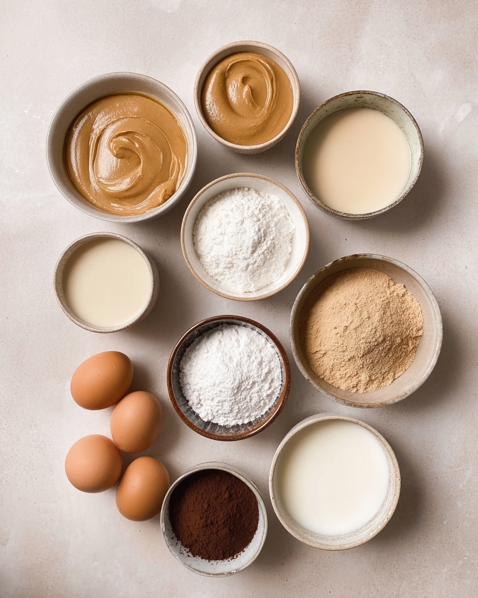 The image shows an overhead view of nine small bowls and six brown eggs arranged neatly on a white marbled surface. The bowls hold various ingredients: one has a smooth light brown paste, another a creamy beige liquid, one is filled with white flour, and another with granulated white sugar. There is a bowl with a thick white powder, a smaller bowl with mixed white and dark powders, one bowl contains a large amount of brown powder, and two bowls hold light creams or milks of different shades. The eggs are placed in two rows on the left side. The scene is clean, organized, and softly lit. Photo taken with an iphone --ar 4:5 --v 7