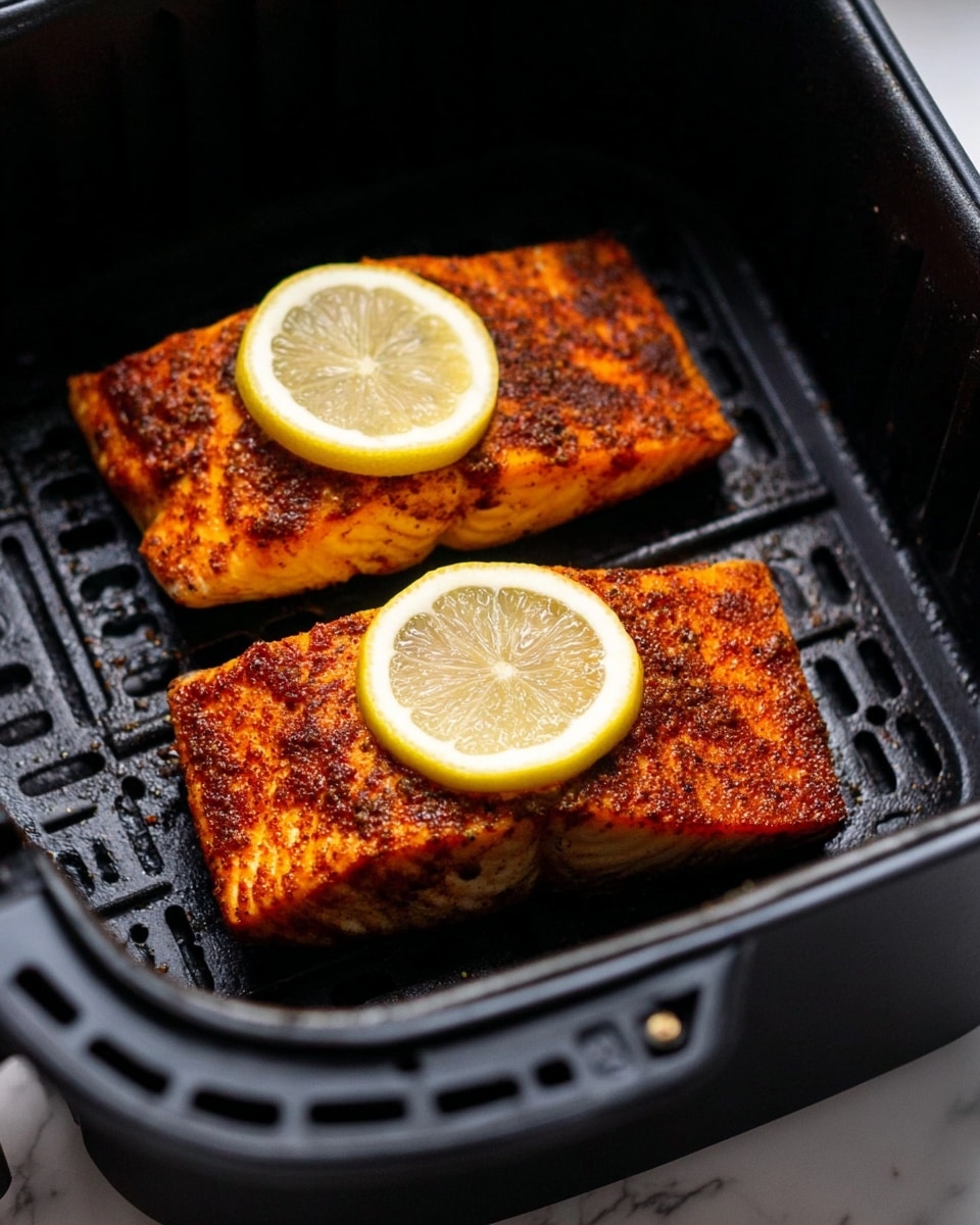 Two pieces of cooked fish with a crispy, dark orange-brown seasoned crust lay in a black air fryer basket. Each piece is topped with a small, thin lemon slice showing pale yellow with white pulp. The air fryer basket has a textured base and visible holes for air circulation, with the surrounding white marbled surface faintly visible. The photo is bright, showing texture on the fish and a slight shine on the lemon slices. photo taken with an iphone --ar 4:5 --v 7