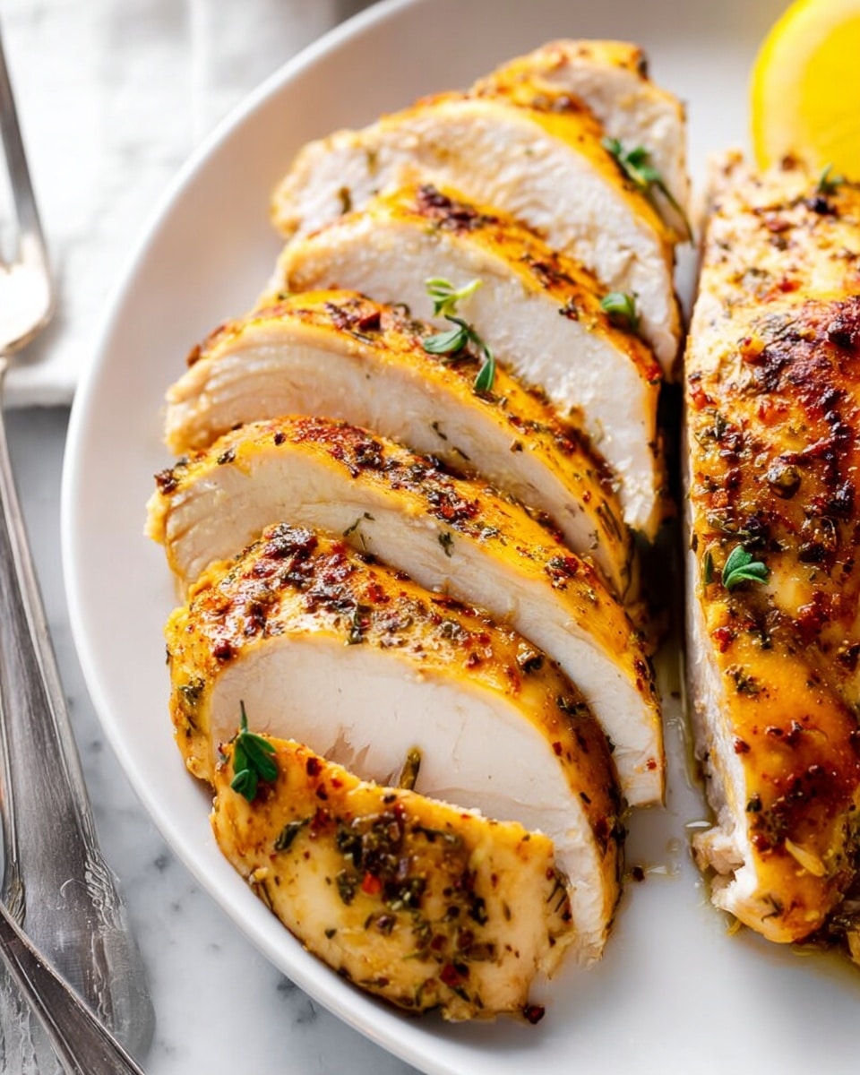 A white plate with slices of cooked chicken arranged in two overlapping rows. Each slice has a golden-brown surface with visible herbs and spices sprinkled on top, showing a lightly crispy texture. The inside of the chicken is white and tender looking. There are small green herb pieces scattered across the chicken. In the background, partially visible are two silver forks and a thin slice of lemon placed on the white plate. The plate sits on a white marbled surface. photo taken with an iphone --ar 4:5 --v 7