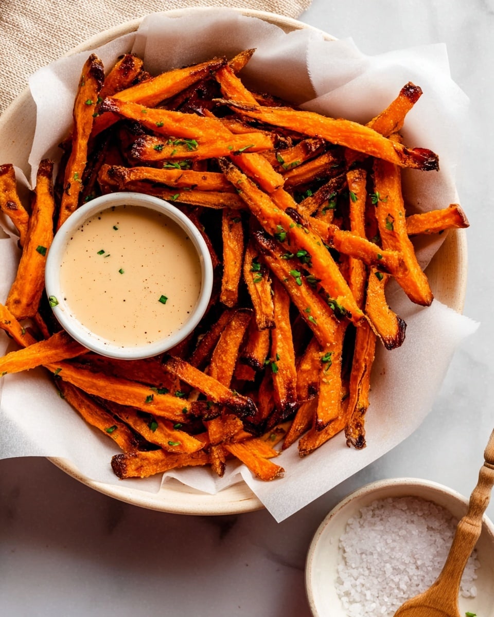 A round white bowl filled with bright orange sweet potato fries, some with darker charred edges, scattered evenly and sprinkled with small green herb pieces. In the center of the bowl is a smaller white round container holding a light beige creamy dipping sauce. A few fries rest on the rim of the sauce container. The bowl is lined with white parchment paper, and to the top right outside the bowl is a small round white dish holding coarse salt with a wooden spoon inside. The whole scene sits on a white marbled surface. photo taken with an iphone --ar 4:5 --v 7