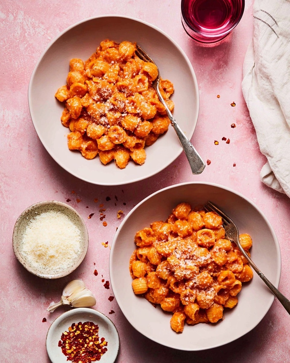 Two white bowls filled with small round pasta covered in a thick orange-red sauce are placed on a pink surface. Each bowl has a silver fork resting inside, partially submerged in the pasta. A small bowl of grated white cheese is placed near the top left, next to a piece of garlic skin with some cheese flakes on it. At the bottom right corner, there is a small white bowl with red chili flakes. A glass of deep pink liquid is at the top center above the right pasta bowl. The pink surface has a slightly rough texture with scattered chili flakes and some light wrinkles from a white cloth on the left edge. photo taken with an iphone --ar 4:5 --v 7