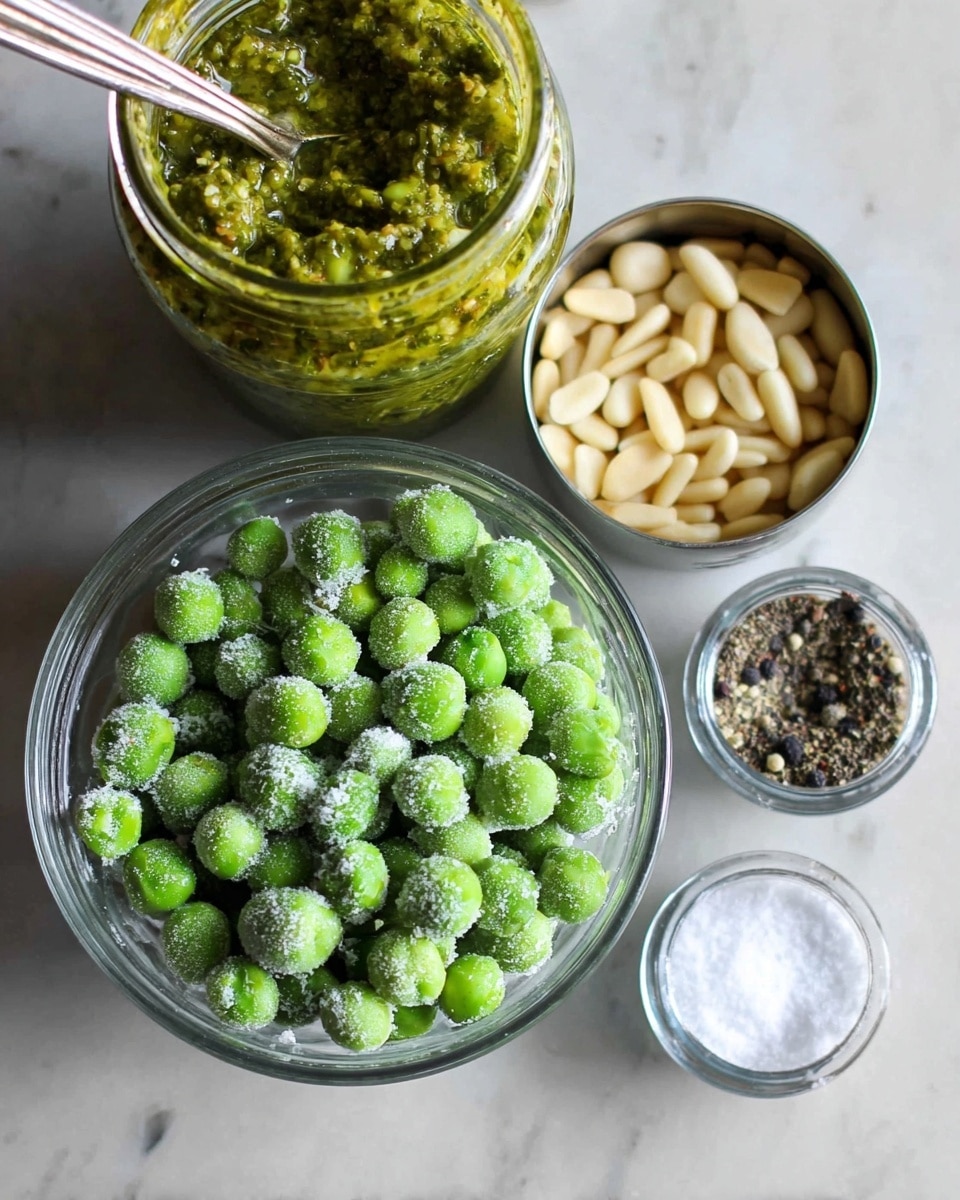 A close-up of four small containers with ingredients placed on a white marbled surface. The largest container at the front is a clear glass bowl filled with bright green frozen peas, each covered with a thin layer of frost. Behind it to the left is a glass jar filled with chunky green pesto sauce with a spoon inside. To the right of the jar is a small silver metal cup holding creamy off-white pine nuts. At the front right is a tiny clear glass bowl containing white salt and black pepper, side by side. The photo is taken with an iphone --ar 4:5 --v 7
