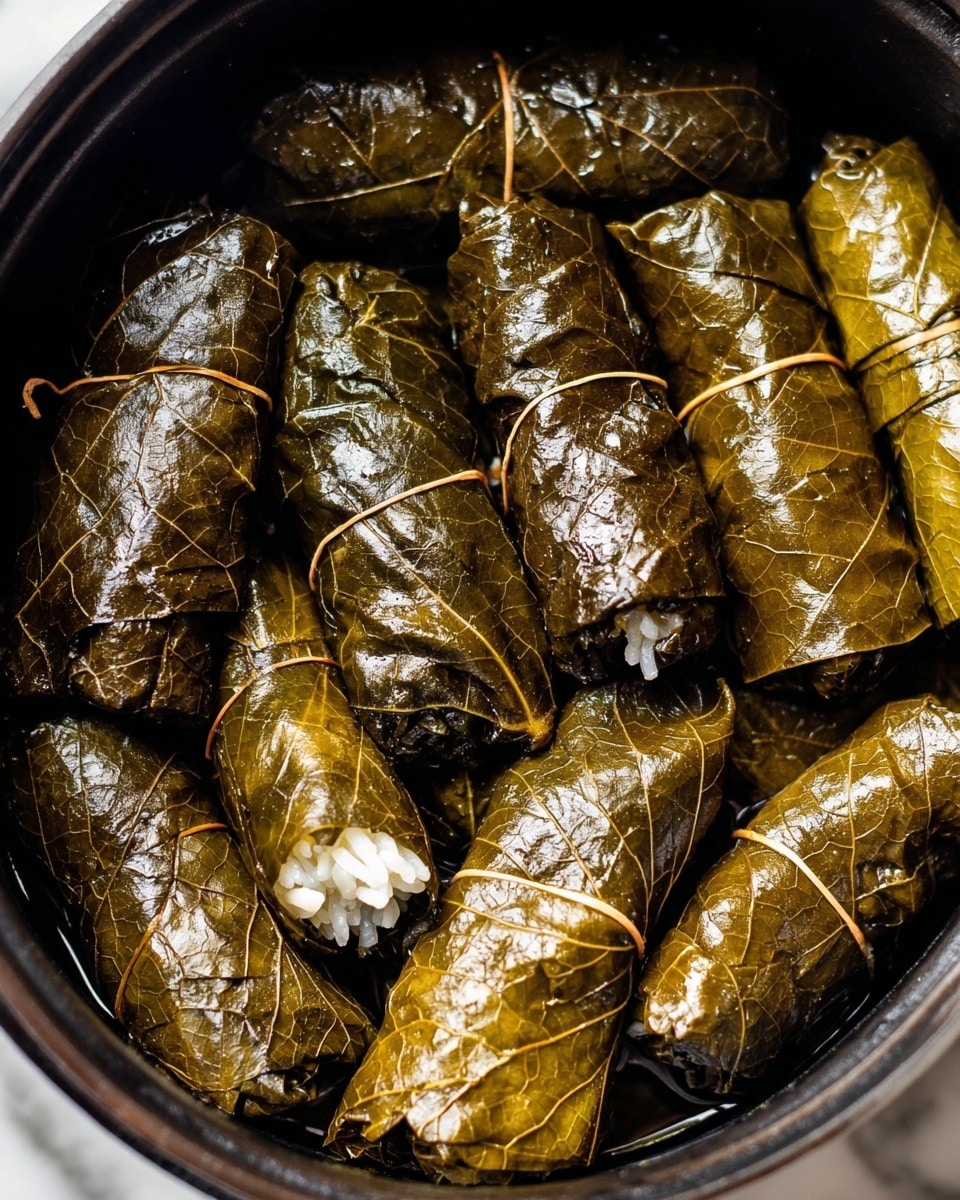 The image shows several dark green grape leaves tightly wrapped around a filling of white rice with small bits of herbs and spices visible inside, some tied with thin light strings. One piece is cut open in the center, showing three visible layers: a shiny dark green smooth grape leaf exterior, a dense white rice middle layer with a slightly grainy texture, and small green herb pieces on top. The wrapped grape leaves are stacked closely together on a wooden textured surface. photo taken with an iphone --ar 4:5 --v 7