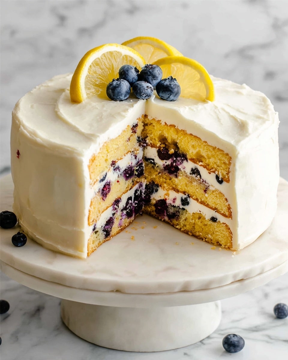 A round cake with one visible layer covered in smooth white cream frosting is shown from the top. The cake is decorated in the center with three thin lemon slices stacked slightly overlapping each other, topped with seven plump, dark blue blueberries arranged in a small cluster. The cake sits on a round white marble board, and the background shows a white marbled texture with two halved lemons and scattered blueberries nearby. Photo taken with an iphone --ar 4:5 --v 7