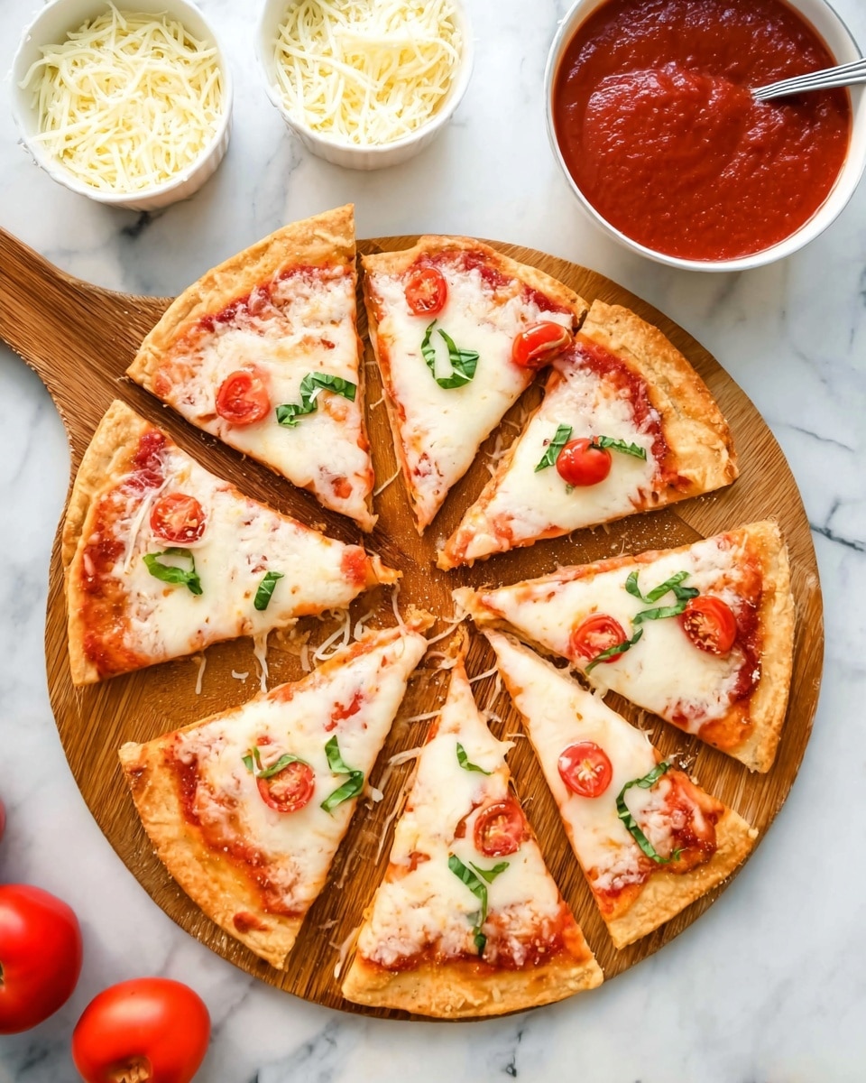 A pizza cut into eight slices is arranged on a wooden board, showing a thin, golden-brown crust with a layer of red tomato sauce beneath melted white cheese. Each slice is topped with one or two small, bright red cherry tomato halves and thin strips of fresh green basil scattered unevenly across the cheese. Around the board, three whole cherry tomatoes rest on a white marbled surface, next to a white bowl filled with smooth red tomato sauce and a spoon inside it, and a small white bowl holding shredded cheese. photo taken with an iphone --ar 4:5 --v 7