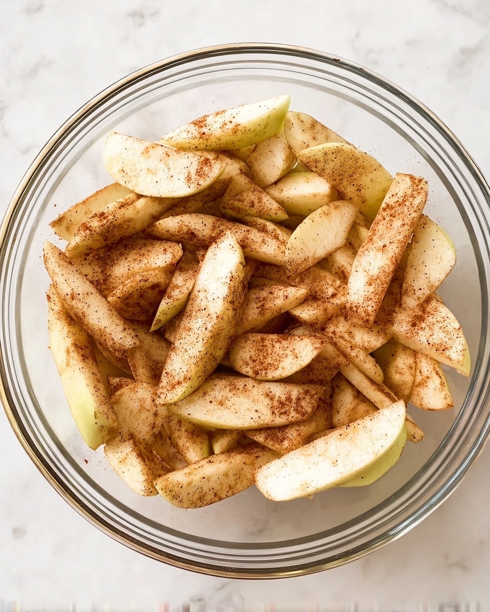 A clear glass bowl holds about three layers of thin apple slices, each slice coated lightly with a mix of brown cinnamon and sugar. The apple pieces are pale yellow with patches of cinnamon powder creating a speckled brown texture on their surfaces. The apple slices are arranged loosely and unevenly inside the bowl, showing a mix of small and medium sizes. The bowl sits on a white marbled surface. photo taken with an iphone --ar 4:5 --v 7