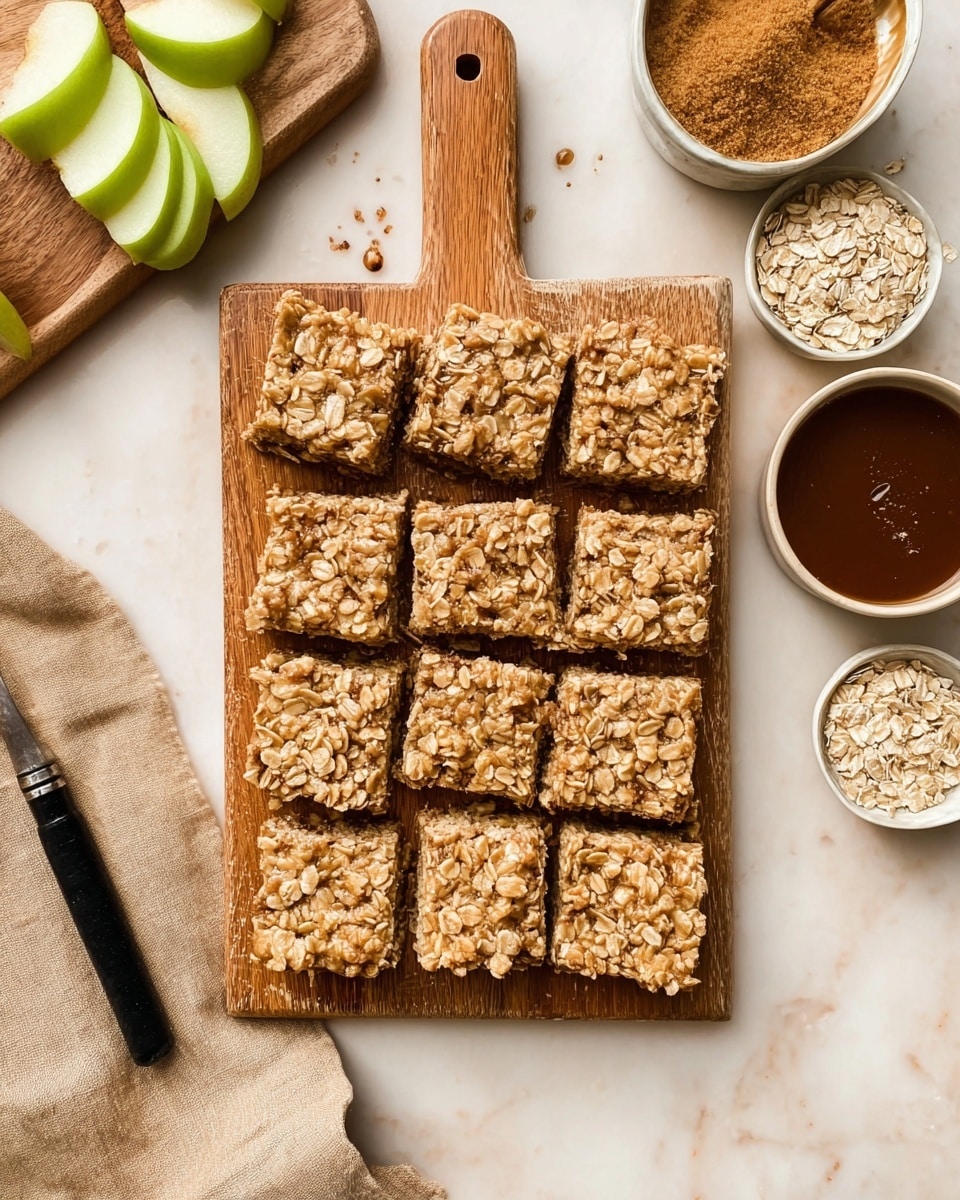 The image shows two thick square layers of apple crumble bars stacked on a white plate, each layer having a light brown crumbly oat topping and a golden-brown base. On top of the stack, there is a scoop of creamy white ice cream dripping slightly over the bars. A rich, dark caramel sauce is being poured in a thin stream from above, flowing down the sides of the ice cream and bars. The background is blurred but shows more apple crumble bars on a wooden board and a white marbled surface beneath the plate. The photo taken with an iphone --ar 4:5 --v 7