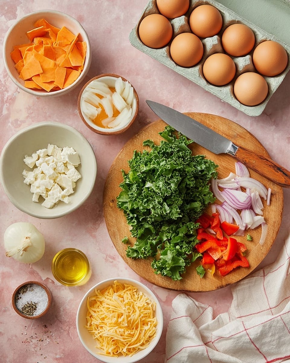 The image shows ingredients for cooking on a white marbled surface with a light pink background. There is a tray with eight light brown eggs at the top center. To the left, two types of white bowls hold different ingredients; one bowl contains small white curds and the other is filled with orange thinly sliced sweet potatoes. A small white bowl with shredded yellow cheese sits on the right side near some fresh green curly kale. In the center, a wooden round cutting board holds chopped green kale, white onions, and red bell peppers, with a knife with a brown wooden handle placed on the board. At the bottom left, a small white bowl with salt and pepper and a small glass container with yellow oil are set beside a white cloth with red lines. Photo taken with an iphone --ar 4:5 --v 7