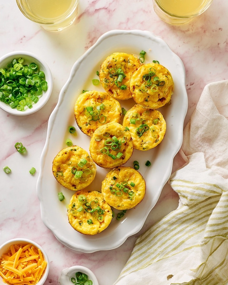 A white scalloped oval plate holds ten mini egg bites arranged in a slightly overlapping, loose circle. Each egg bite is golden yellow with visible small green bits inside and topped with thin slices of bright green scallions. The egg bites have a slightly browned edge, showing a baked texture. Around the plate, on a white marbled surface, there are small white bowls containing more sliced scallions and shredded yellow cheese. A glass of light yellow juice and a folded cloth with light beige and white stripes are also nearby, adding color and a cozy feeling to the scene. photo taken with an iphone --ar 4:5 --v 7