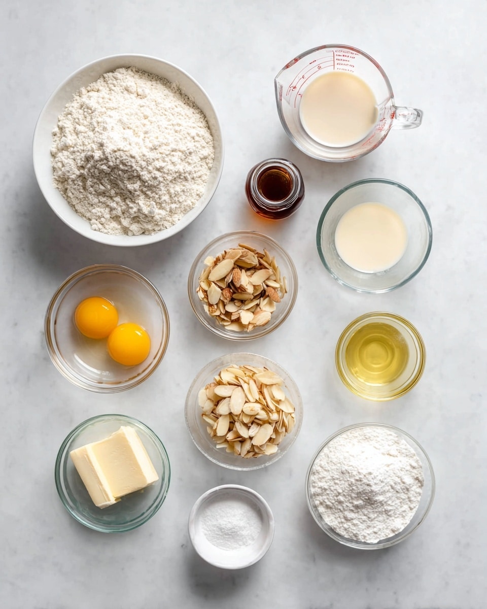 The image shows eleven small containers of ingredients arranged on a white marbled surface. At the top left, there is a white bowl filled with white flour. To the right, a clear glass measuring cup holds a light beige liquid. Below it is a small clear glass bottle with a dark brown liquid inside. Next, a small clear glass container holds a pale cream liquid. In the middle left, a clear glass bowl contains two raw eggs with bright yellow yolks. Below it, a small clear glass cup has a square piece of light yellow butter. In the center, a white bowl is filled with sliced almonds. To the right, a clear glass jar contains a light yellow oil. At the bottom left, a clear glass cup is filled near the top with white sugar. In the middle bottom, a small white dish contains white baking powder or soda. On the bottom right, another clear glass bowl is filled with white powdered sugar. All the containers are neat and clean, well spaced on the smooth white marbled surface photo taken with an iphone --ar 4:5 --v 7