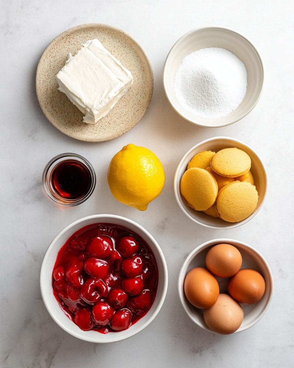 The image shows six ingredients arranged on a white marbled surface. At the top left, there is a block of white cream cheese on a small round beige speckled plate. To the right of it is a white bowl full of fine white sugar, and below that, a small glass vial with dark brown vanilla extract. In the center sits a bright yellow lemon. Below it, a white bowl is full of shiny red cherry pie filling with visible whole cherries. To the right of the bowl of cherries, a white bowl is filled with round, golden yellow vanilla wafer cookies. Finally, at the bottom right, a white bowl holds two brown eggs. The items are spaced apart evenly, and the light is bright and natural. Photo taken with an iphone --ar 4:5 --v 7