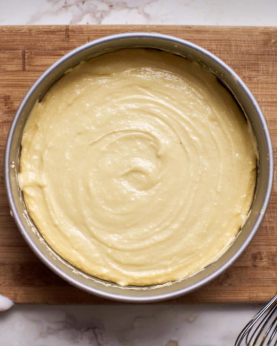 The image shows a round metal pan filled with smooth, light yellow batter spread evenly to the edges. The top surface looks creamy and slightly shiny, with a few small, soft swirls and gentle texture. The pan sits on a white marbled table, and a small part of a metal whisk is visible on the right side in the background. photo taken with an iphone --ar 4:5 --v 7