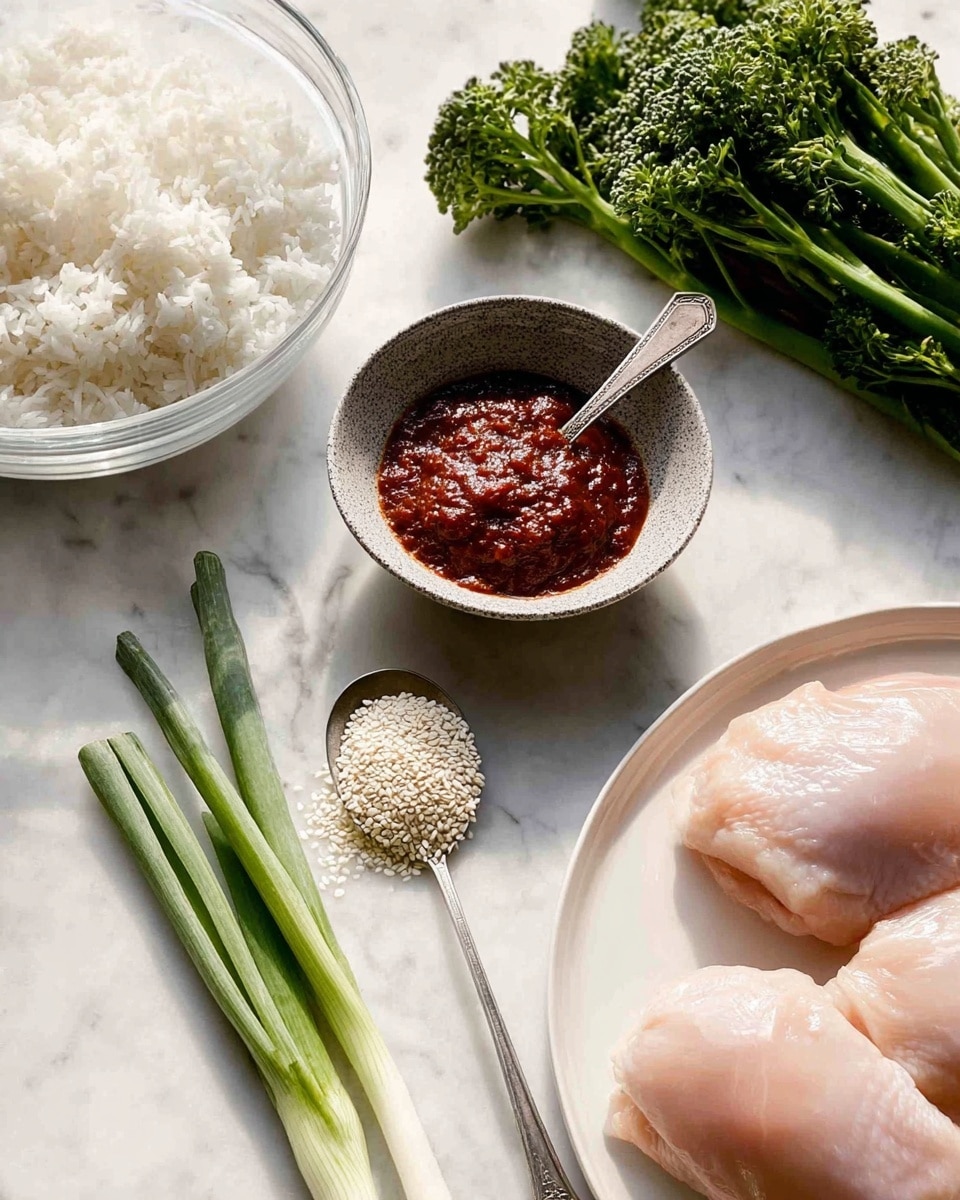 The image shows ingredients for a meal placed on a white marbled surface. In the top left, a clear glass bowl holds white rice with soft, fluffy texture. On the right side, bright green broccolini lies in a small bunch. A small bowl with a rough, speckled texture contains thick, dark red sauce with a spoon resting inside. Below, two pale pink raw chicken pieces lay side by side on a white plate, showing smooth, fresh skin. To the left, three green onions with bright green tops and white bottoms are arranged next to a silver spoon filled with white sesame seeds that spill slightly onto the surface. The scene is bright and clean, with natural light enhancing the fresh look of the ingredients photo taken with an iphone --ar 4:5 --v 7