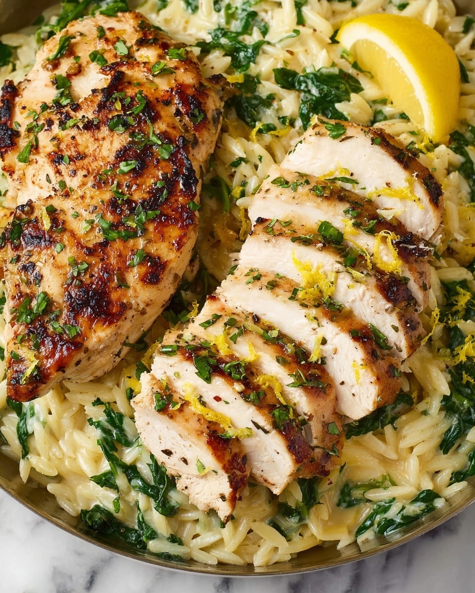 A white plate on a white marbled surface holds a dish with two main parts: on the right, there are five slices of grilled chicken with a golden brown color and some blackened spots, sprinkled with chopped green herbs and tiny bits of yellow zest; on the left side, creamy orzo pasta mixed with green spinach leaves and sprinkled with the same yellow zest and herbs; two thin lemon slices with bright yellow rind rest on top of the pasta near the chicken. photo taken with an iphone --ar 4:5 --v 7