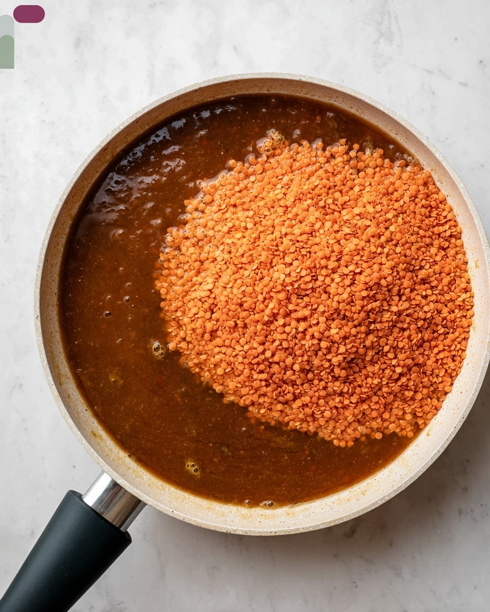 In a white pan with a black handle, there is a layer of dark brown liquid broth filling most of the pan. On one side of the broth, there is a thick, uneven pile of bright orange lentils partially submerged, showing their grainy texture. The pan is placed on a white marbled surface, and the lighting emphasizes the contrast between the smooth broth and the textured lentils. Photo taken with an iphone --ar 4:5 --v 7