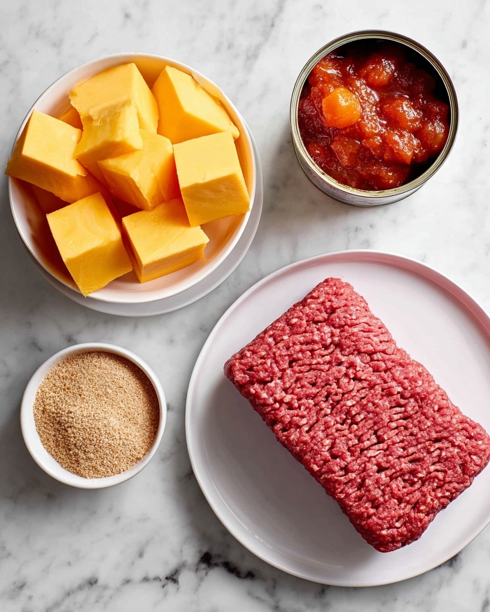 The image shows four ingredients placed on a white marbled surface. In the bottom right, there is a thick block of raw ground meat with a deep red color and a textured surface arranged in a neat rectangular shape on a white plate. To the top left, there is a white bowl filled with several bright yellow-orange cheese cubes with smooth, clean edges. Above the plate, slightly to the left, is a small white bowl containing a light brown powder with a crumbly texture. To the right of this bowl, an open can reveals reddish chunky tomato pieces in a glossy sauce, with the can lid still attached and slightly bent open. All items are neatly arranged with good lighting that highlights their textures and colors, photo taken with an iphone --ar 4:5 --v 7