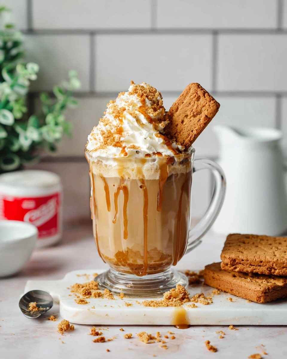 A clear glass mug filled with light brown creamy coffee is placed on a white marbled surface. The coffee has a frothy top layer, covered with a large swirl of white whipped cream. On top of the whipped cream, there is a drizzle of caramel-colored sauce and a sprinkle of brown cookie crumbs. A large rectangular brown cookie stands inserted in the whipped cream. Two more similar cookies lie flat on the white marbled surface beside the mug, and a silver spoon with traces of caramel sauce rests nearby. In the blurred background, a red container with a label is slightly visible. Photo taken with an iphone --ar 4:5 --v 7