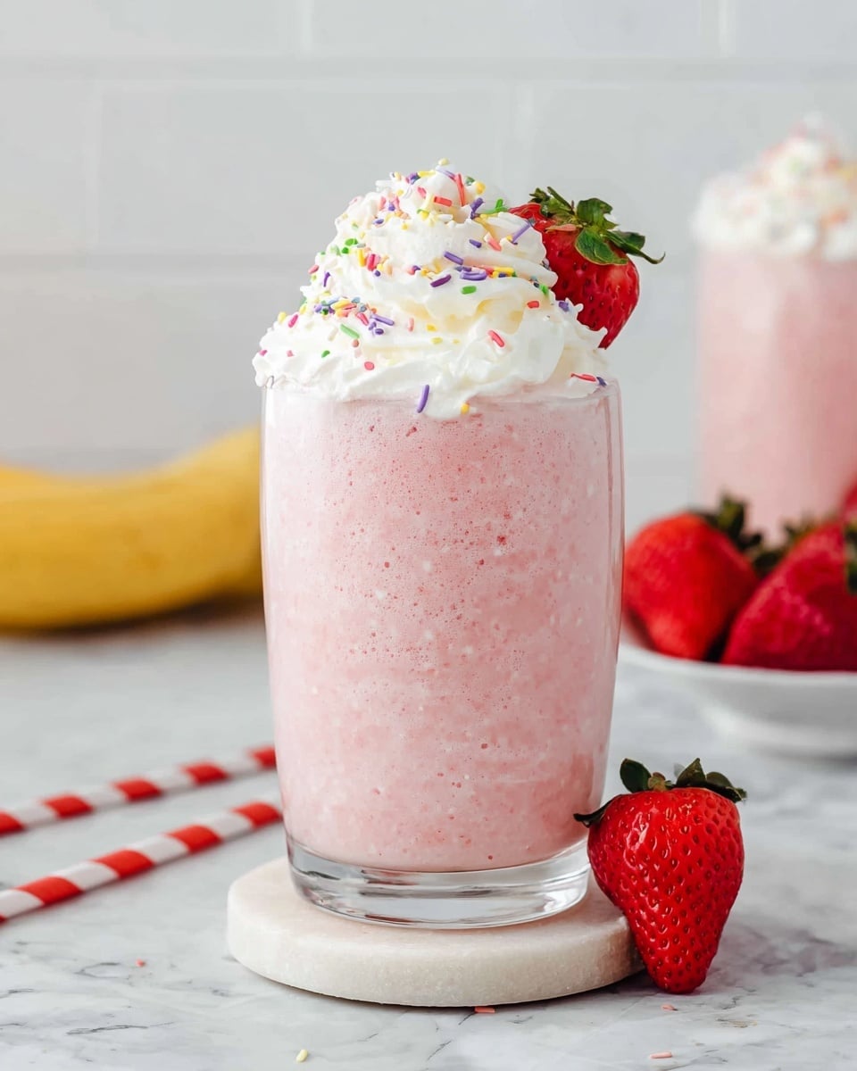 A clear glass filled with a pink strawberry smoothie that has a smooth, slightly frothy texture. The drink is topped with a thick layer of white whipped cream sprinkled with small red, green, and purple sprinkles, and a fresh red strawberry slice with its green leaf on top. The glass is placed on a small round white marble coaster on a white marbled surface. In the background, there are more fresh red strawberries and a yellow banana, and another similar smoothie glass is partly visible. A red and white striped straw lies next to a whole fresh strawberry near the front. Photo taken with an iphone --ar 4:5 --v 7