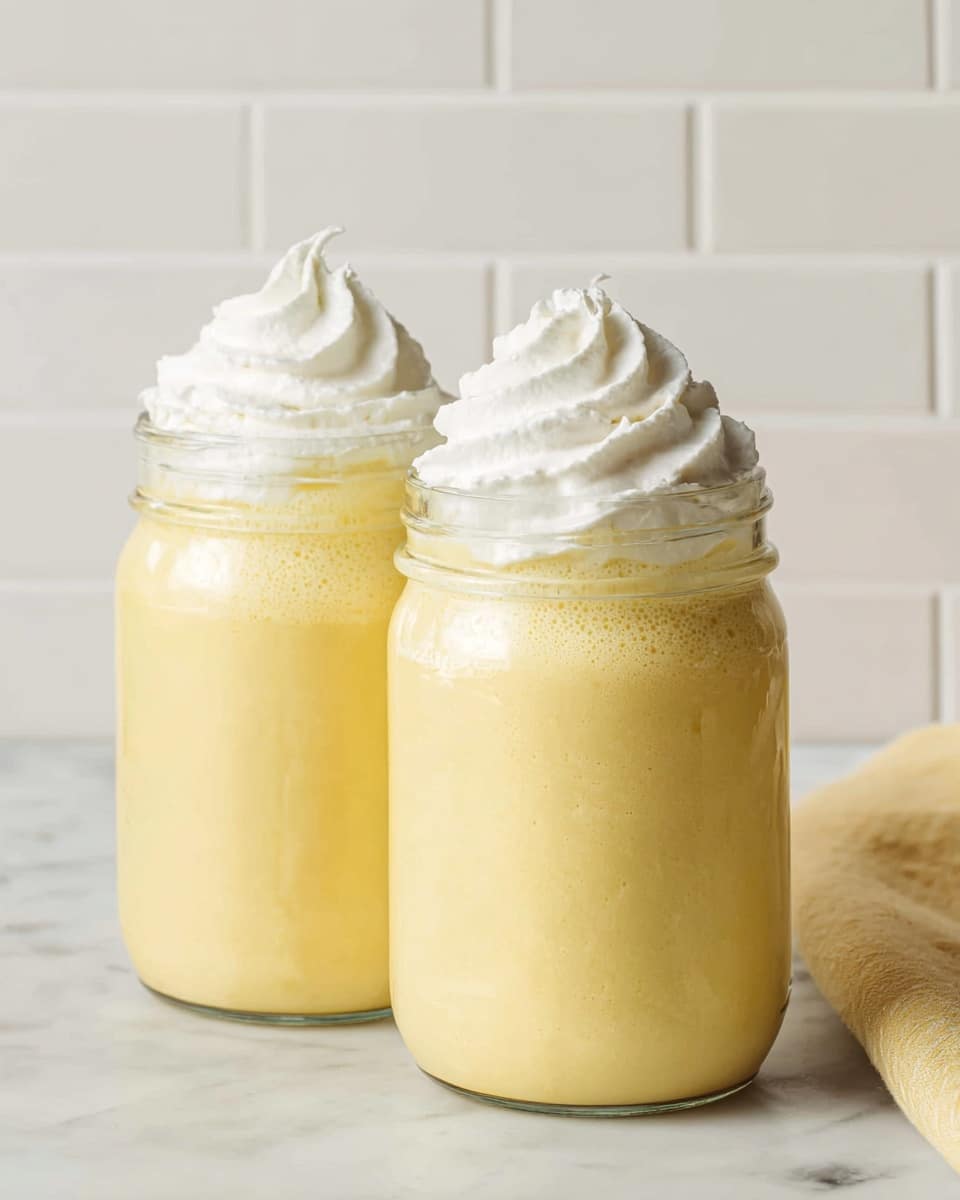 Two short glass jars sit side by side on a white marbled surface, each filled with a thick, creamy yellow drink that has a foam layer visible at the top. On each drink, there is a tall, fluffy swirl of white whipped cream, which is soft and airy with ridged texture. The jars have rounded shoulders and a smooth clear glass surface, showing the slightly frothy texture of the yellow drink inside. The background is a soft off-white tile pattern, creating a clean and simple look. Photo taken with an iphone --ar 4:5 --v 7