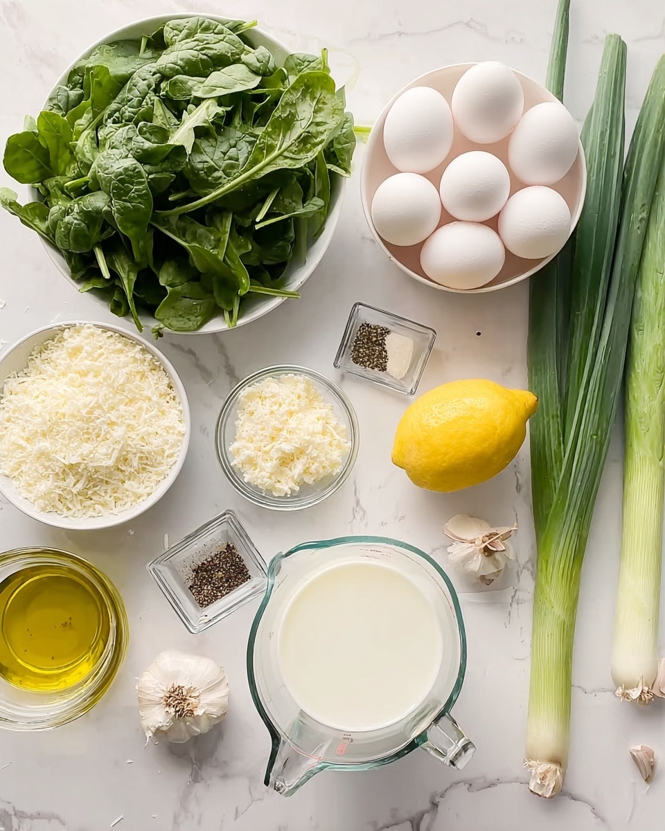 The image shows several ingredients arranged neatly on a white marbled surface, ready for cooking. There is a bunch of fresh green spinach on the left side, next to a white bowl filled with fresh arugula leaves. Above these, a white bowl holds five white eggs. To the right of the eggs, there is a whole yellow lemon, and beside it, on the right edge, two long green leeks lie side by side. In the middle, there are three small clear bowls: one holds grated cheese, another has white crumbly cheese, and a third smaller square white dish contains a mix of salt and pepper. Below the bowls, a clear glass measuring cup contains golden olive oil, and next to it, a larger clear glass container is filled with white milk. Three cloves of garlic are placed near the lemon and the salt and pepper bowl. The whole scene is bright and well-lit, with a fresh and clean look. photo taken with an iphone --ar 4:5 --v 7