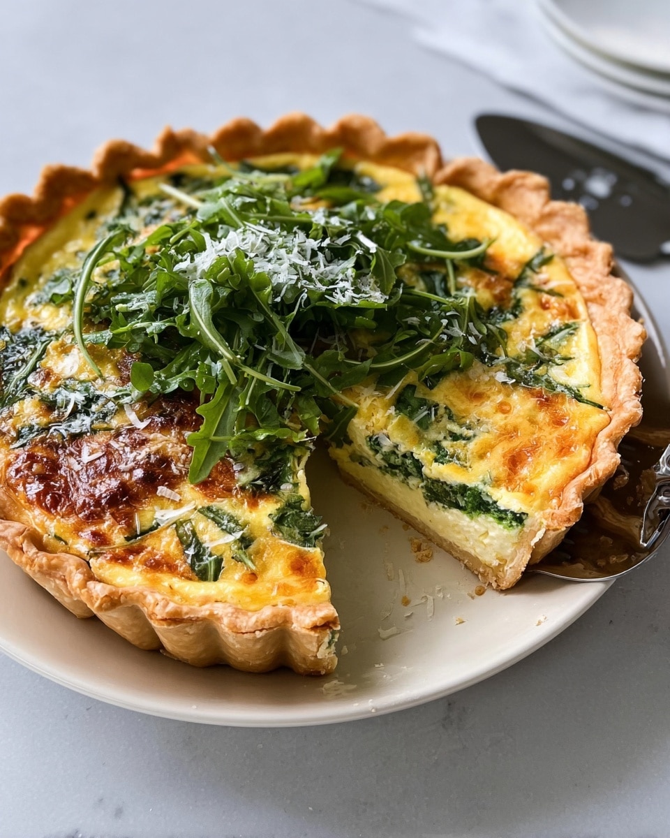 The image shows a savory pie with a golden, flaky crust that forms a scalloped edge around the top. Inside, there is a creamy, yellow egg mixture layer with visible pieces of green leafy vegetables, lightly browned on top. On the surface of the pie, there is a generous layer of fresh, bright green arugula leaves sprinkled with white grated cheese. One wedge of the pie is missing, revealing the thickness of the egg and vegetable filling. The pie is on a white plate placed on a white marbled surface with a silver pie server beside it. photo taken with an iphone --ar 4:5 --v 7