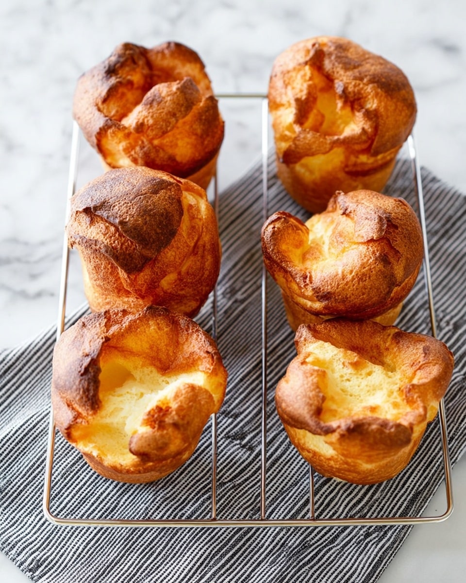 The image shows seven golden-brown popovers with a puffy and slightly crispy texture stacked loosely on a striped gray and white cloth placed on a white marbled surface. The popovers have irregular shapes and hollow centers visible from some angles. To the side, there is a small white square dish containing two round pats of light yellow butter. A silver knife with some butter on its blade rests next to the dish, partially lying on the cloth and marbled surface. The overall scene is bright and clean with soft natural lighting. photo taken with an iphone --ar 4:5 --v 7
