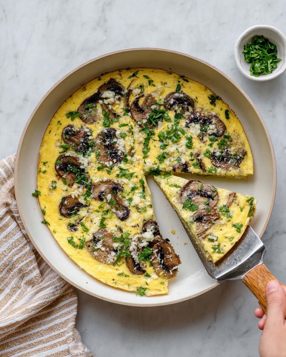 A white pan holds a round omelet with a yellow base. On top, there are dark brown cooked mushroom slices scattered evenly. Green herbs are spread over the surface, adding fresh color and texture. Small white cheese bits are sprinkled lightly on top. A wedge of the omelet is cut and lifted out by a spatula held in a woman's hand with a wooden handle. Next to the pan, a small white bowl contains extra chopped green herbs. The pan rests on a white marbled surface with a beige and white striped cloth on one side. photo taken with an iphone --ar 4:5 --v 7