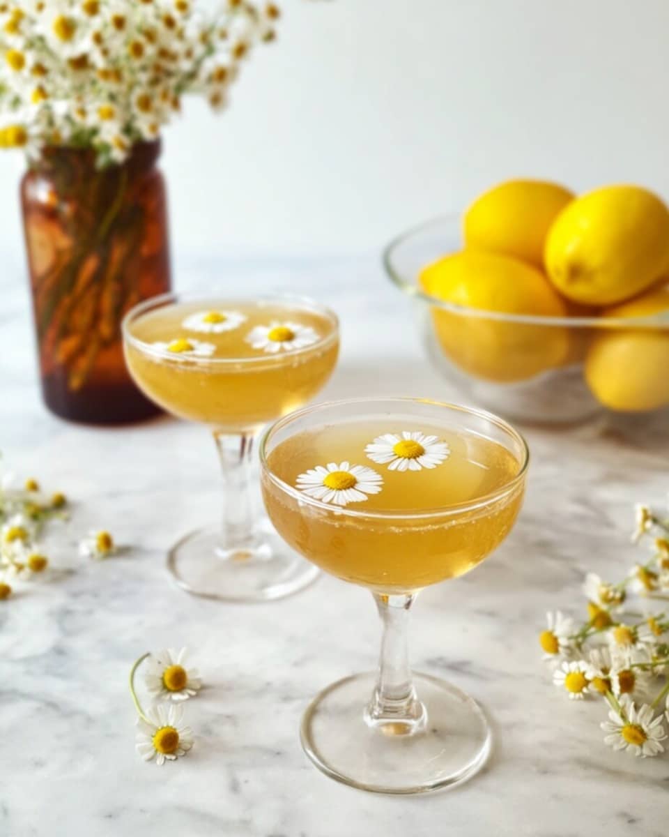 The image shows two clear glass coupe glasses filled with a light golden-yellow drink, each topped with three small white and yellow chamomile flowers floating on the surface. The glasses sit on a white marbled surface with a few loose chamomile flowers scattered around. In the background, there is a dark amber vase holding fresh chamomile flowers on the left and a clear glass bowl filled with yellow lemons on the right, all arranged against a plain white background. Photo taken with an iphone --ar 4:5 --v 7
